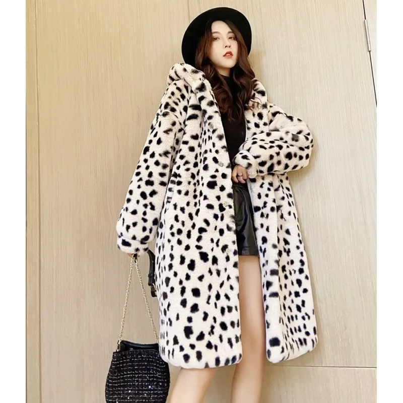 2023 Winter Fur Coat Women Leopard Print Mink Fur Plush Jacket Women Long Hooded Korean Loose Thick Warm Female Parker Jacket