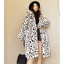 2023 Winter Pelzmantel Frauen Leopard Print Nerz Pelz Plüsch Jacke Frauen Lange Mit Kapuze Koreanische Lose Dicke Warme Weibliche Parker Jacke