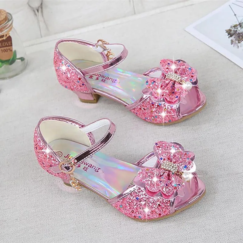 Girls Sandals Rhinestone Butterfly Latin Dance Kids Shoes Children High Heel Princess Shoes Glitter Leather Party Dress Wedding