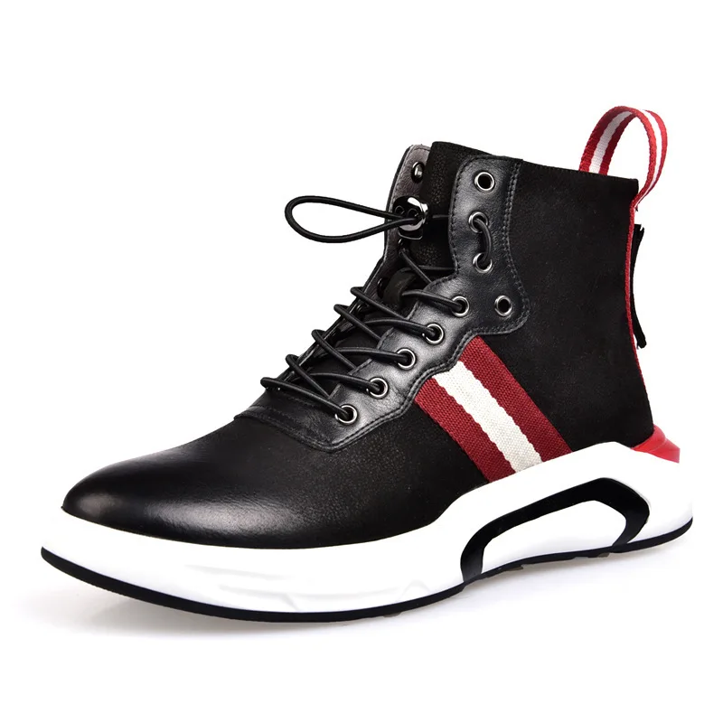 

2020 New Students Genuine Leather Casual Shoes Men Thick Bottom Lace Up Punk Male Footwear Brand Zipper Black High Top Zapatos