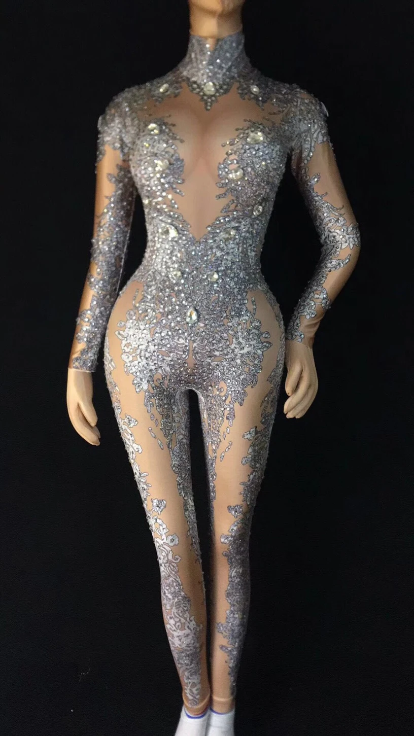 Sexy Rhinestones Bodysuit Stage Outfit Female Singer Nightclub bar party girl nude bodysuits club jumpsuit