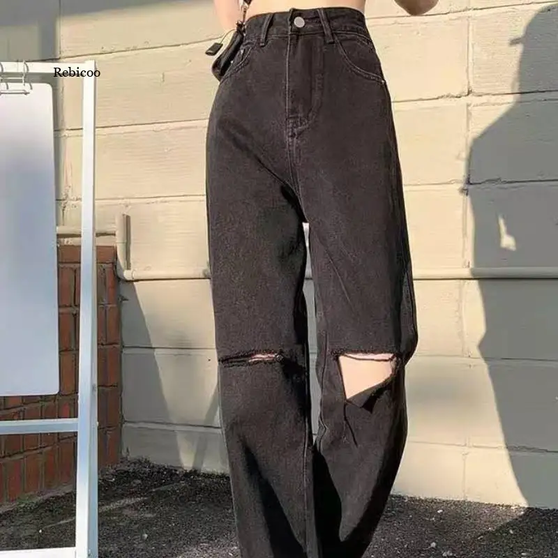 

Women's Spring and Autumn New Loose Thin Drape Wide-leg Mopping Pants Black High-waist Ripped Straight-leg Classic Jeans