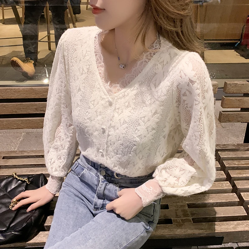 Elegant 4XL New Lace Blouse Women Korean Hollow Out V Neck Long Sleeve Shirt Ladies Spring Crochet Lace Solid Tops Blusa 13356