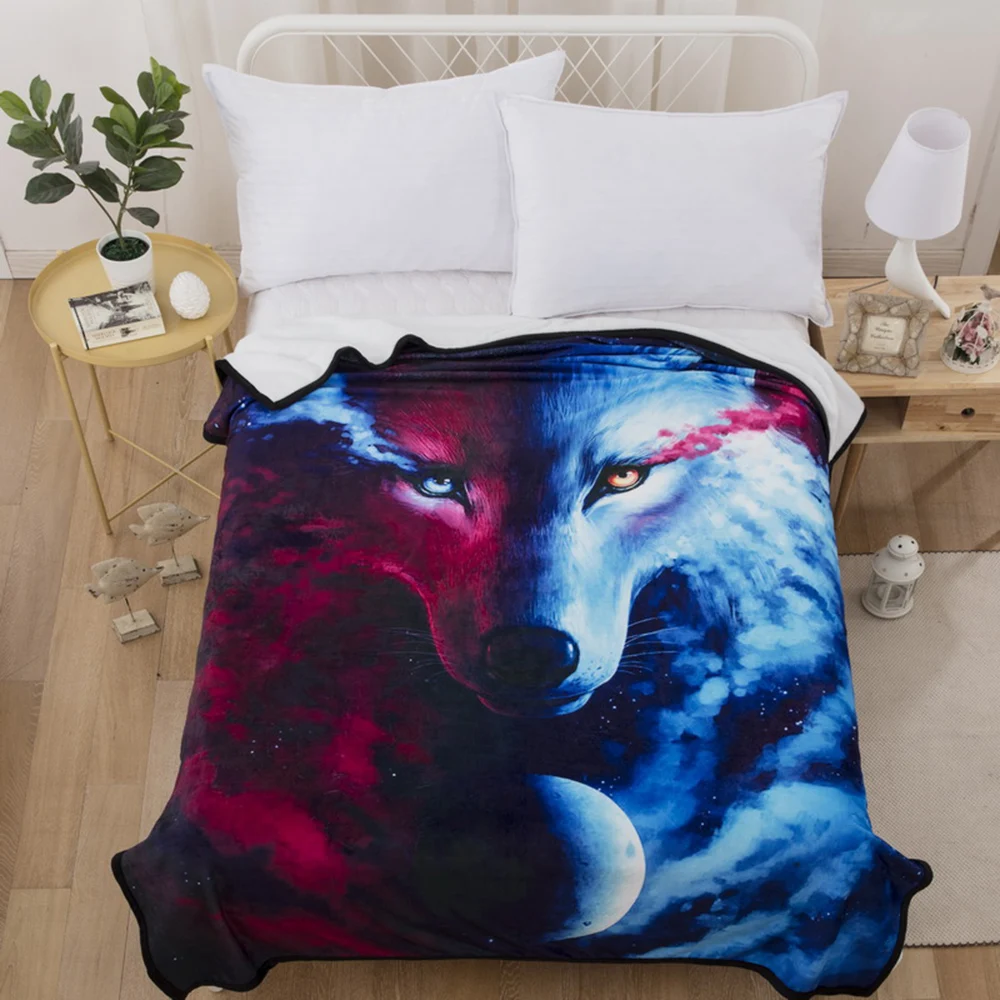 

Luxury Flannel Blanket for Home Textile Winter Beds Car Bedspreads Warm Sheets with Tear Wolf Red Fire and Blue Water 2019 New