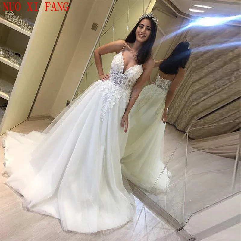 Personalizado uma linha vestido de novia ilusão espartilho sexy decote em v rendas vestidos de casamento cintas de espaguete apliques vestidos de noiva