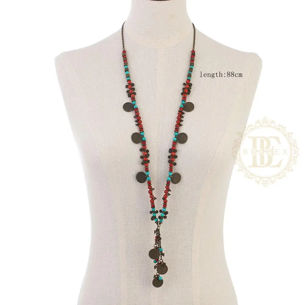 One Fashion Jewelry Semi-Precious Synthetic Stone and Antique Brass Long Necklace - 880mm (BE50)