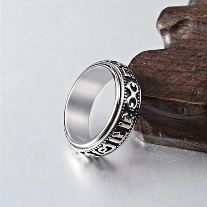 Stainless Steel Tibetan Buddhist Mantra Sanskrit Spinner Ring for Men Women Size 6-12