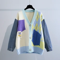 Vintage Knitted Cardigan Sweater Women Patchwork Knitted Denim Coat V Neck Long Sleeve Knitwear Casual Loose Outwear Female Tops