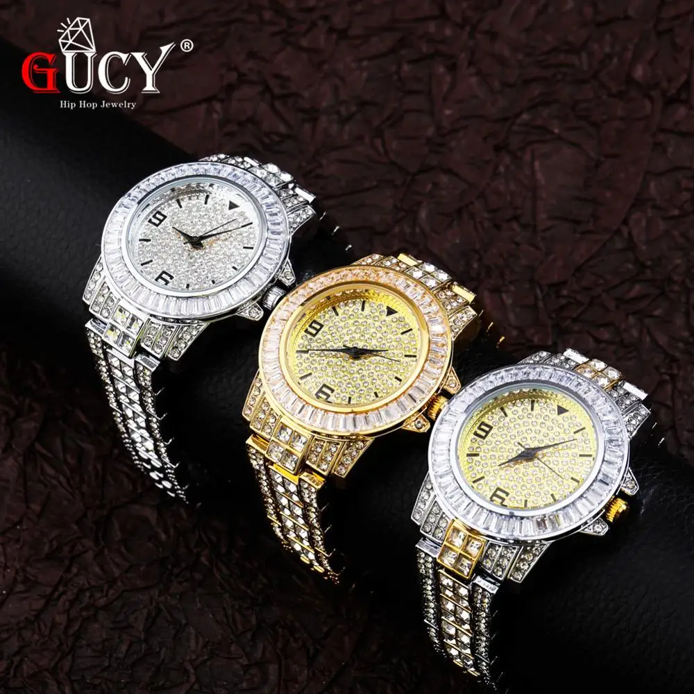 GUCY AAA ICED OUT HIP HOP Wrist Watches With Micro Pave CZ Stainless Steel Wristband Dropshipping