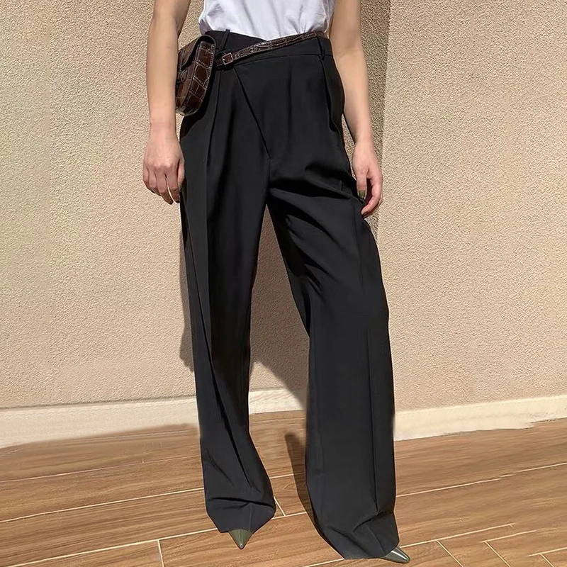 TWOTWINSTYLE Casual Women Pants High Waist Ruched Loose Irregular Long Stragiht Trousers Female Spring Fashion 2021 Clothing New