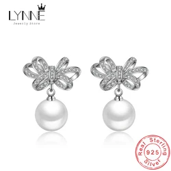New Fashion Rosette Rhinestone Drop Earrings 925 Sterling Silver Bowknot Pearl Pendant Earring Charm Ear Stud Women Jewelry Gift
