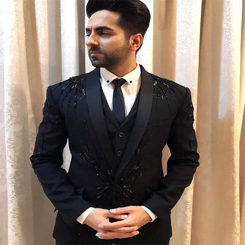Luxury Two Pieces Men Suits Beads Men Suits One Button Wedding Tuxedos Peaked Lapel Blazer Business Custom Made Costumes Hommes