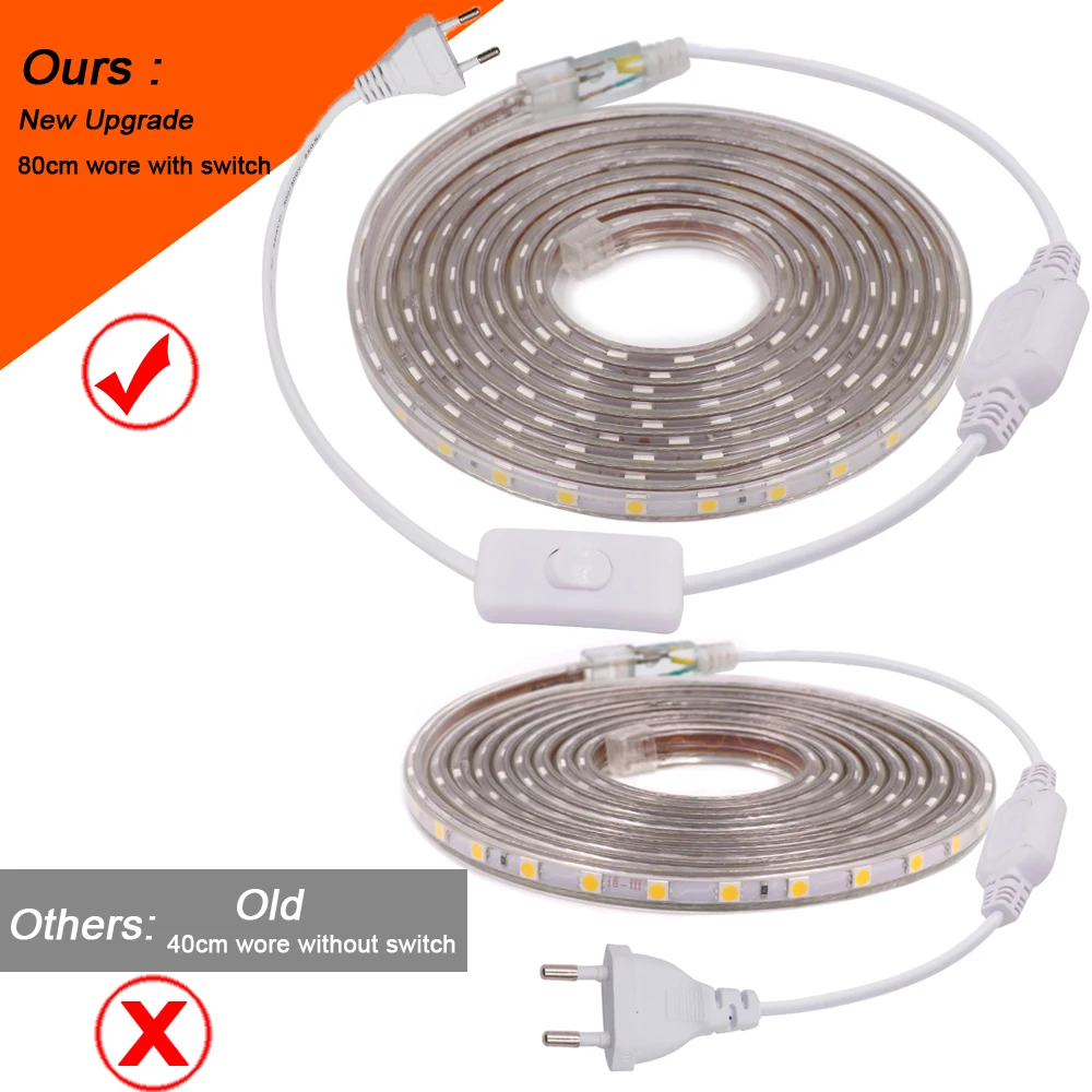 220V Flexible LED Strip Light SMD 5050 Waterproof 60leds/m 1m 5m 10m 15m 20m 100m Warm White/White/RGB Ribbon with Switch Plug