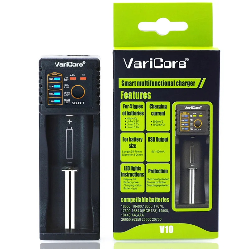 VariCore-cargador inteligente V10 de 1,2 V, 3 V, 3,7 V, 4,25 V, 18650 V, 26650/18350/16340/18500/pilas AA/AAA, enchufe de 5V y 1A