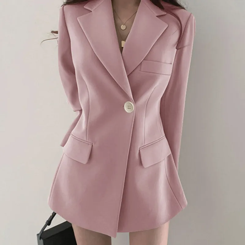 Women Long Blazer Cool Work Jacket Casual Slim Fit Khaki Black Beige Pink Autumn 2023 Office Ladies Tunic Outwear with Pockets