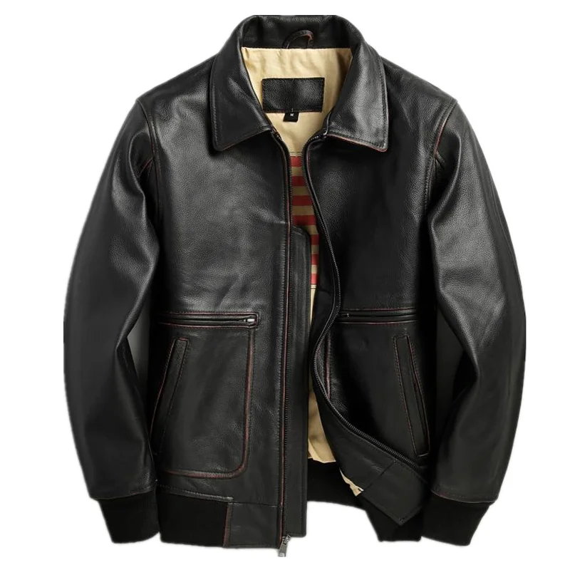 2020 Vintage Black Men Military Pilot Leather Jacket Large Size XXXL Genuine Cowhide Autumn Slim Fit American Aviator Coat