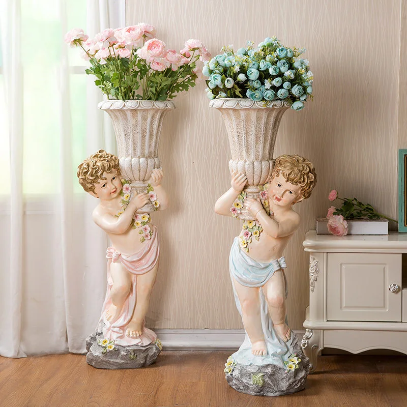 Feng shui Large Floor Angel Resin Vase Fake Flower Arrangement Cinema Hotel Statues Furnishing Crafts Home room Adornments Decor