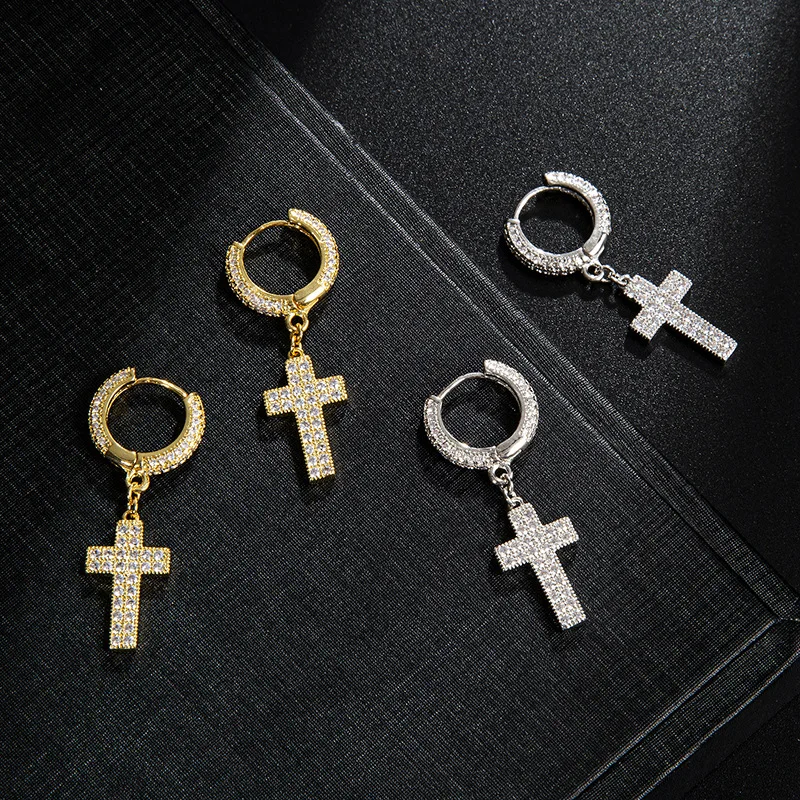 Cross Dangle Earring Micro pave silver plated Fine Party Wedding Drop Earrings for Women Men Hiphop Jewelry