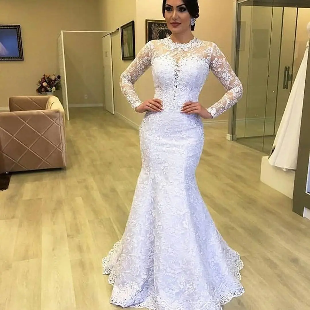 Plus Size Mermaid Wedding Dress Elegant O Neck Long Sleeve Bridal Gowns robes de mariée Lace Appliques Bride Dresses