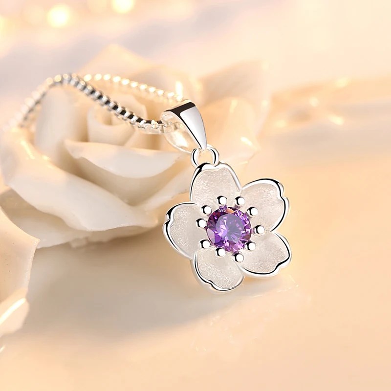 Elegant Rose Sakura Plum Blossom Charm Pendant Silver Color Metal Inlay CZ Crystal Flower Jewelry For Women Lady Necklace