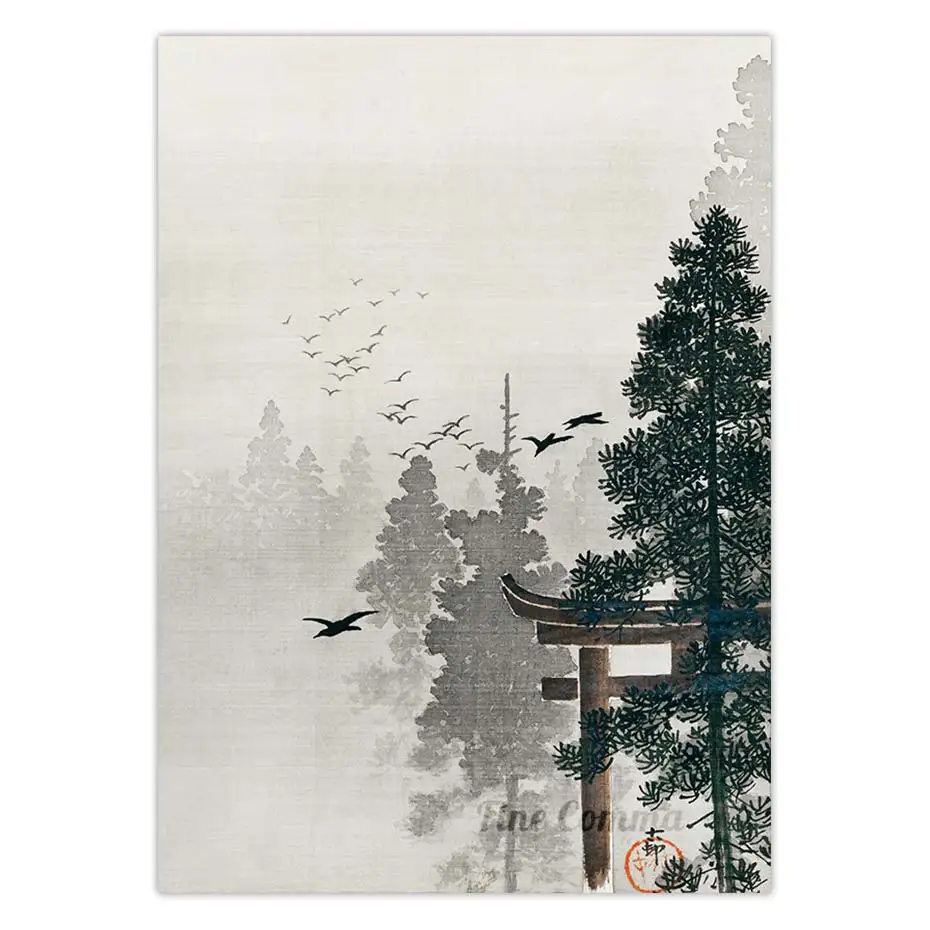 Vintage Japanese Art Poster Flock of Birds and Torii Gate in Pine Tree Forest Ohara Koson Woodblock Canvas Print Temple Wall Art