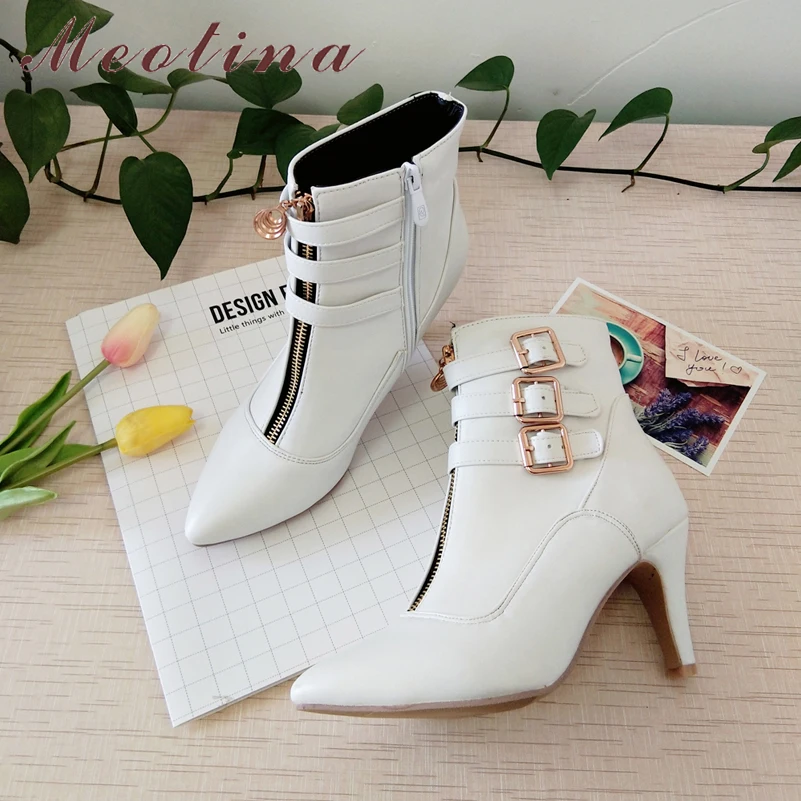 Meotina Shoes Women Boots Autumn High Heels Ankle Boots Pointed Toe Buckle Female Boots Zip Ladies Shoes White Big Size 44 45 11