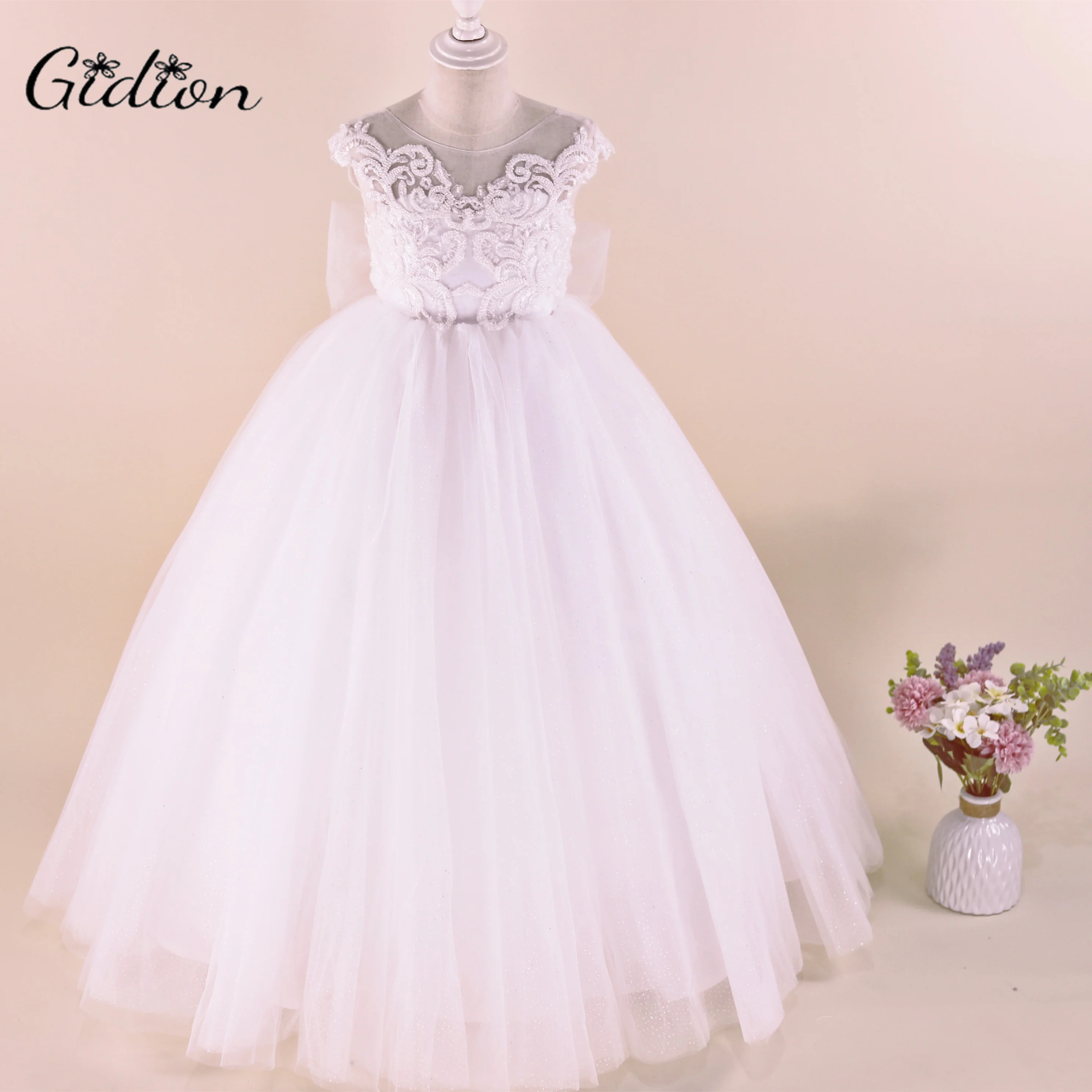 Elfenbein Brautjungfer Kleider Für Mädchen Kinder Hochzeit Abendkleid Spitze Bogen Blume Mädchen Geburtstag Party Kleid Kinder Prom Kleidung