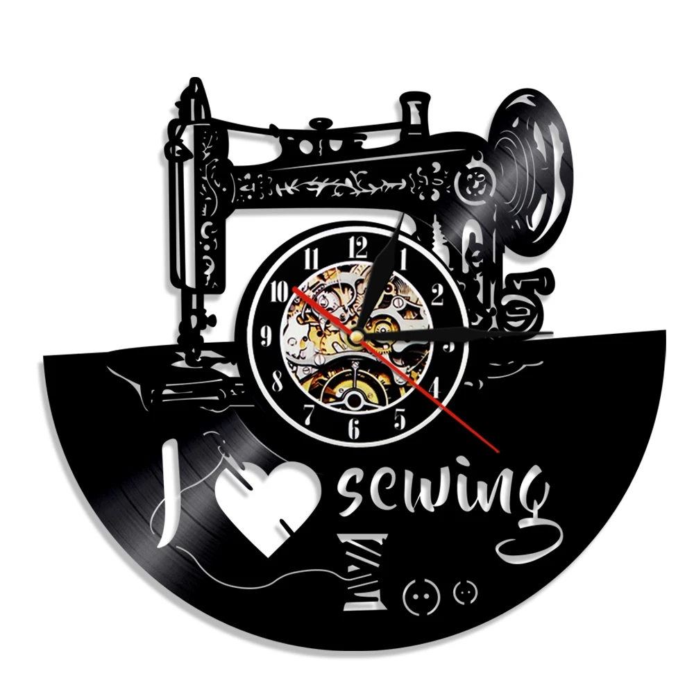 Tailor Shop Quilting Wall Clock I Love Sewing Home Decor Watches Sewing Machine Vinyl Record Hanging Clock Seamstress Gift