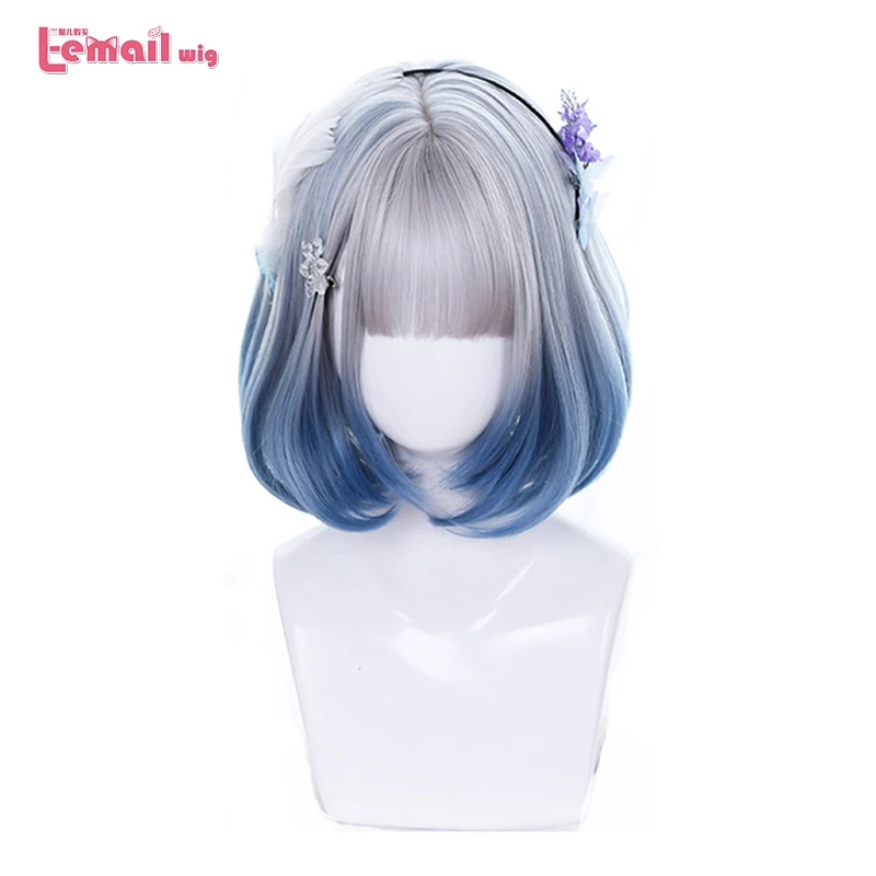 L-mail-Peluca de cabello sintético para mujer, cabellera artificial con flequillo, color azul mezclado, estilo Harajuku, Cosplay, fiesta, resistente