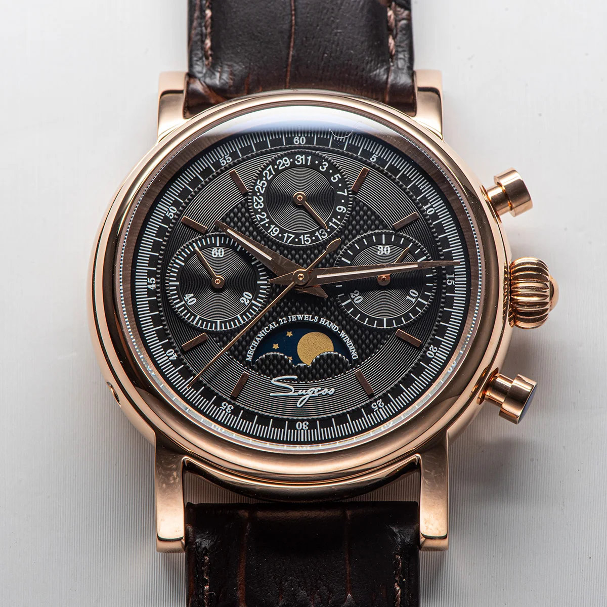 Sugess Pilot Chronograph Mechanical Watches Men Waterproof Original ST1908 Movement Moon Phase Calendar Wristwatch Swanneck 2022