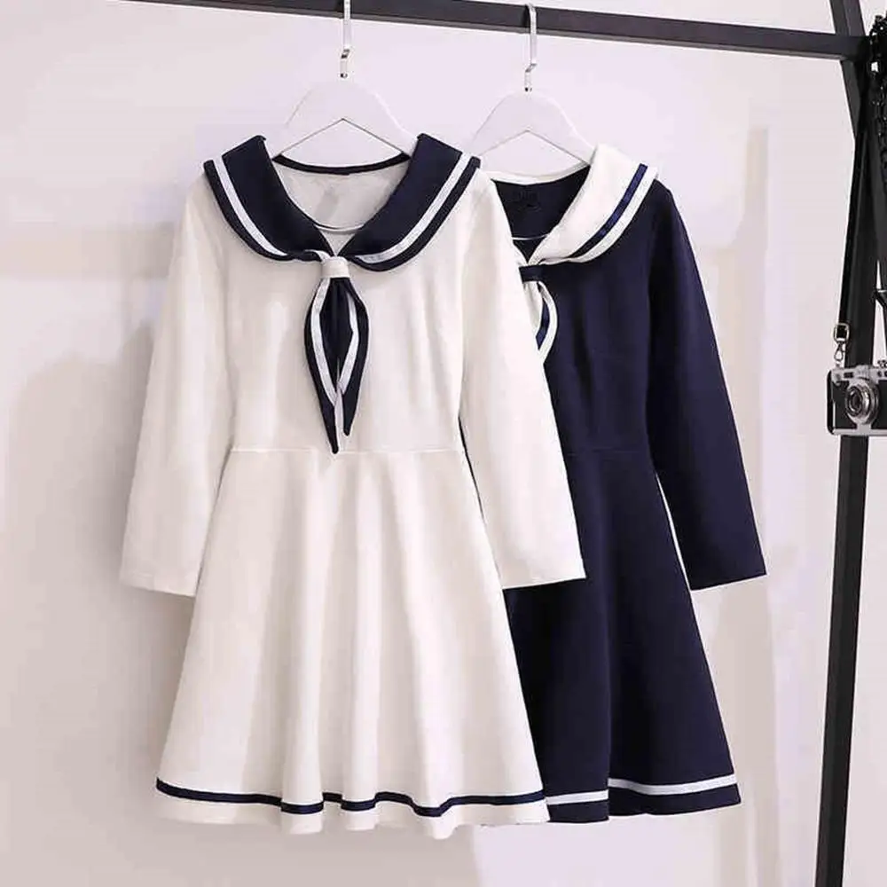 4-14 Years Girls Sailor Collar Dress Kids Toddler Long Sleeve Bow Dresses for Girls Autumn Spring Children Clothing 6 8 10 12 14