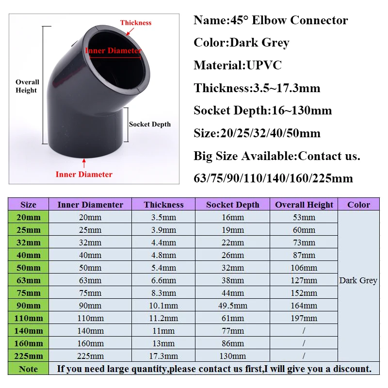 I.D 20/25/32/40/50/63mm UPVC Pipe 45° Elbow Connector Mounting Hydroponics Planting Frame Plastic Joint Equal Elbow Connectors