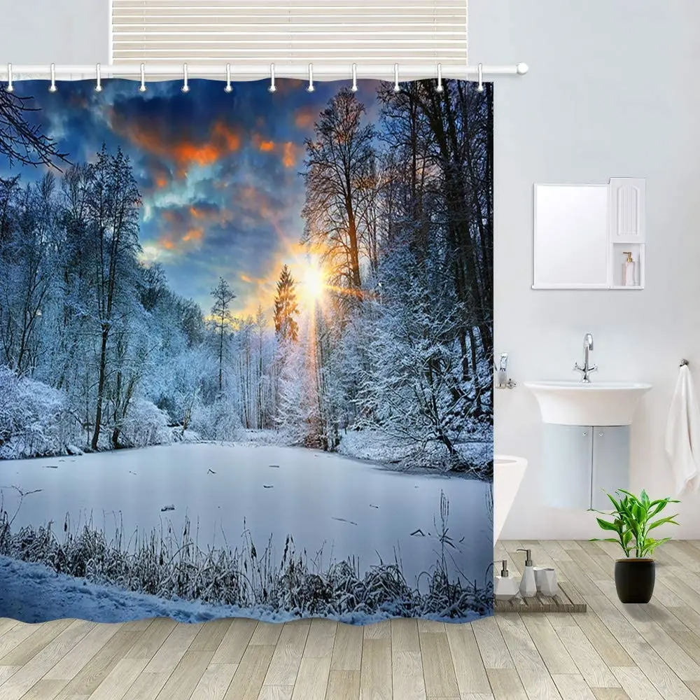 Christmas Spectacular Sunset Over Forest Lake Shower Curtains For Bathroom Fabric Surreal Winter Scenery Bathroom Accessories