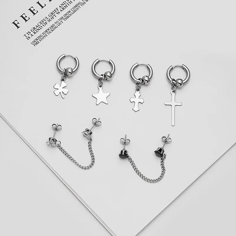 1 piece Cross Pentagram Pendant Earrings Stainless Steel Ear Buckle Chain Stud Earrings Hip Hop Street Pop Earrings