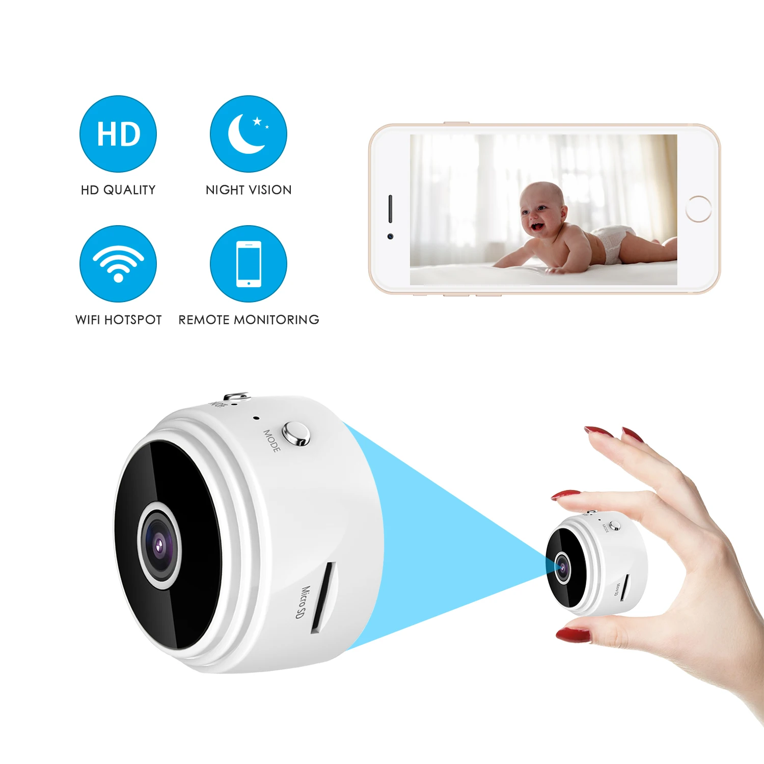 Mini wifi camera, 1080P camera  easy to install suitable for various places smart system can be installed white camera