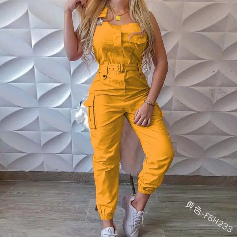 Strap Sleeveless Jumpsuit Women Loose Dungarees Long Rompers Summer Solid Pockets Cargo Pants Female Casual Work Out Playsuits