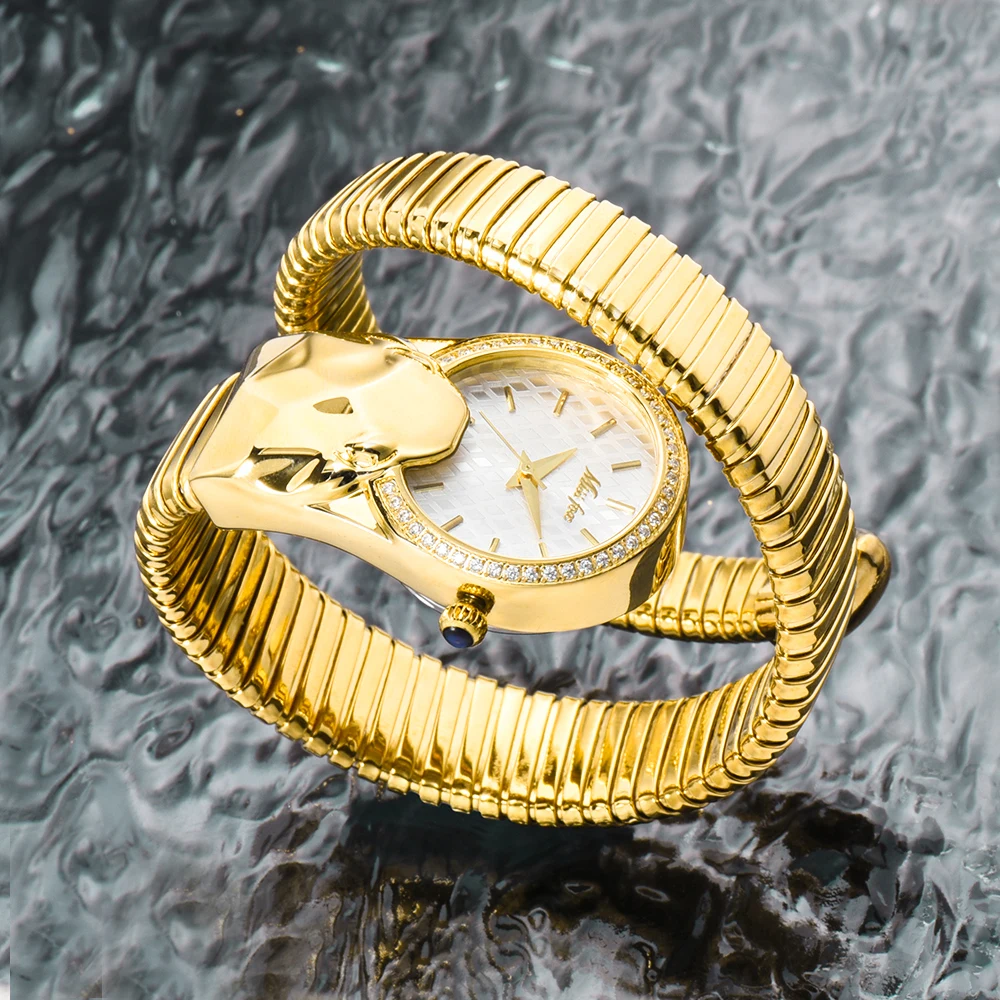 MISSFOX Snake Shape Diamond Watch For Women Luxury Brand Red Dial Ladies Gold Iced Out Watch Analog Quartz Movt Unique Watch