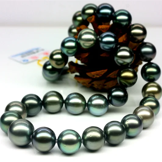 925 silver real natural big Tahitian Black Pearl Necklace 12-15 round very bright light natural