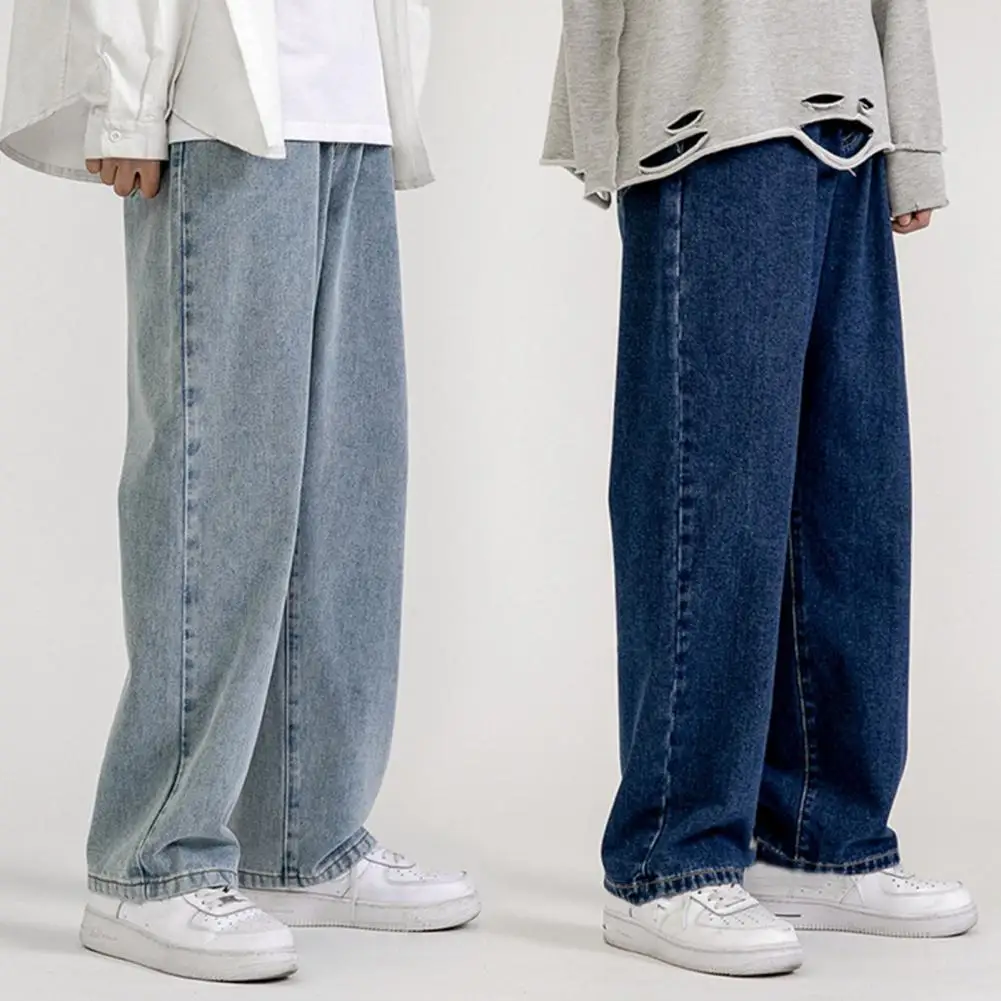 

Straight Mid Rise Men Jeans Wide Leg Solid Color Hip Hop Denim Pants Streetwear