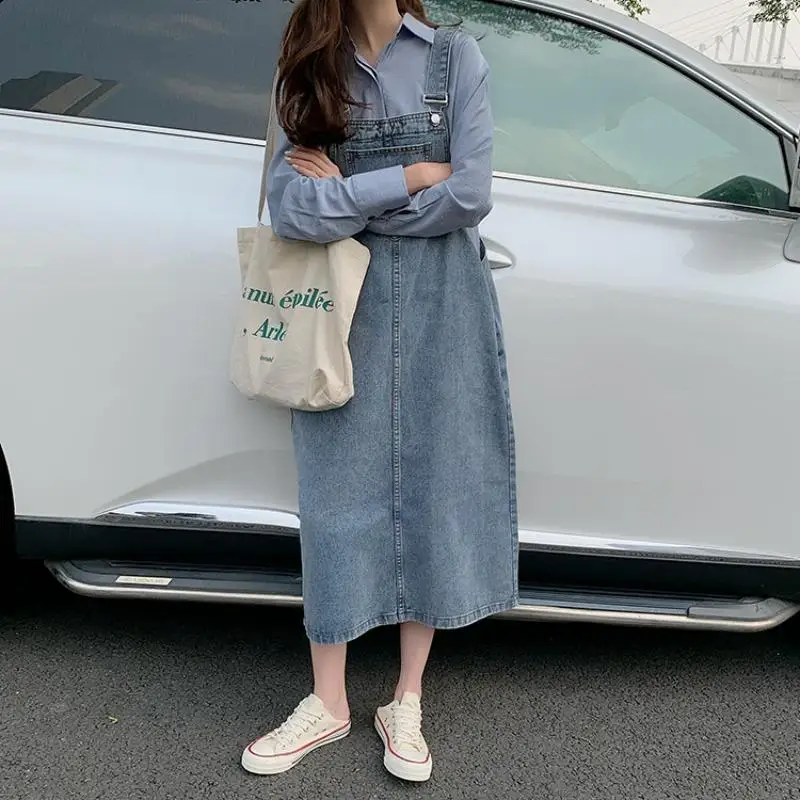 High Street Sleeveless Dress Women Chic Denim Multi Pockets Harajuku A-line Loose Waist Adjustable Strap French Retro Mid-calf