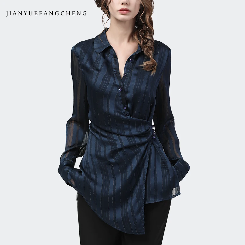 Long Women Chiffon Top Irregular Shirt Dark Blue Striped Long Sleeve Turn-down Collar Shirt Fashion Korean Female Blouses