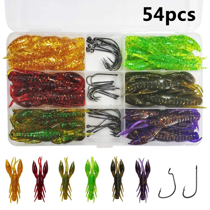 54 stks/doos zachte kreeft vissen lokt jigging aas bionische rivierkreeft kunstmatige worm met jig haak voor texas visserij rigs kit