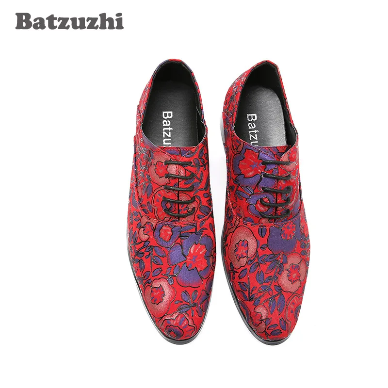 Batzuzhi Italian Style Red Mens Shoes Red Print Flowers LEATHER Casual Shoes Men High-end Men Shoes Luxury Fashion Men Loafers