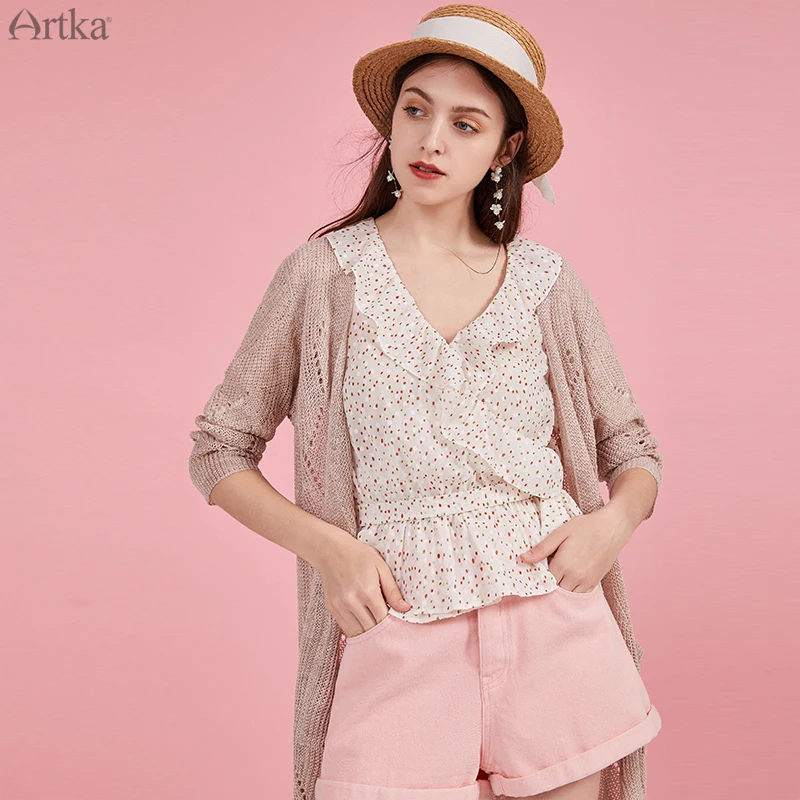 ARTKA 2020 di Estate Nuove Donne Camicetta Vintage Dot Camicetta di Chiffon Elegante Increspature del V-Collo di Camicia A Manica Corta Con Fiocchi E Fasce SA20402C