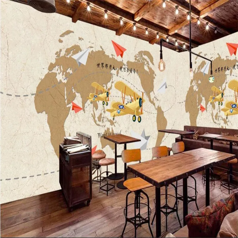 Retro World Map Airplane Mural Wall Papers Home Decor 3D Coffee Shop Restaurant Bar Industrial Decor Background Wallpaper 3D