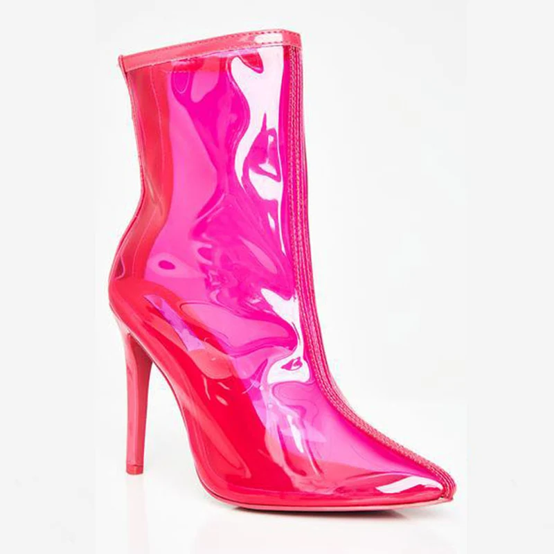 Spring Neon PVC transparent Boots Women Colorful Pointed Toe Zip High Heels Abkle Boots Fashion Sexy Ladies Shoes Botas Mujer