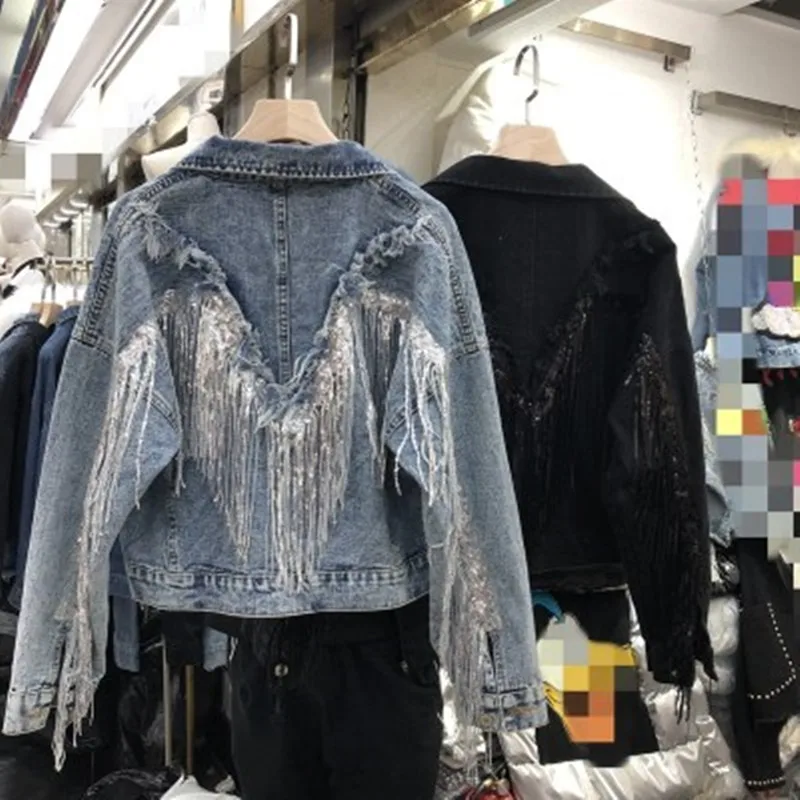 

New Denim Jacket Tassels Sequins Women's Jeans Korean Loose Jeans Jacket Shimmer Beading Coat Casual Girls Outerwear veste femme