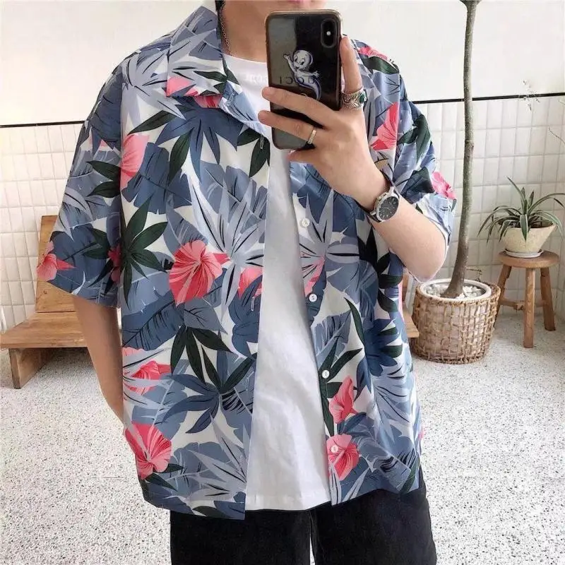 Summer Beach Men Shirt Mens Fashion Stand Collar Strip Print Short Sleeve Shirt Top Blusas Hawaiian Shirt For Male