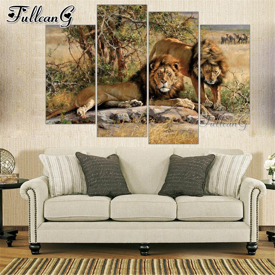 

FULLCANG Wild animal lion 4 piece diy diamond painting 5d full square round mosaic embroidery rhinestone home decoration FG0478