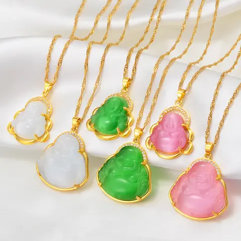 Anniyo Buddha Pendant Necklaces Women Pink/White/Green Amulet Chinese Style Maitreya Charms Jewelry Style Christmas  @242606